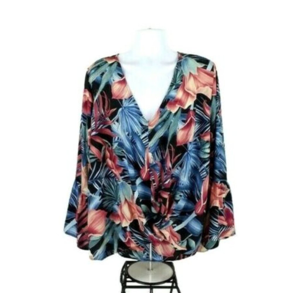 ODDY Tropical Floral Ruffle Bell Sleeve V Neck Blouse Multicolor Plus 3X NWOT - Picture 2 of 12